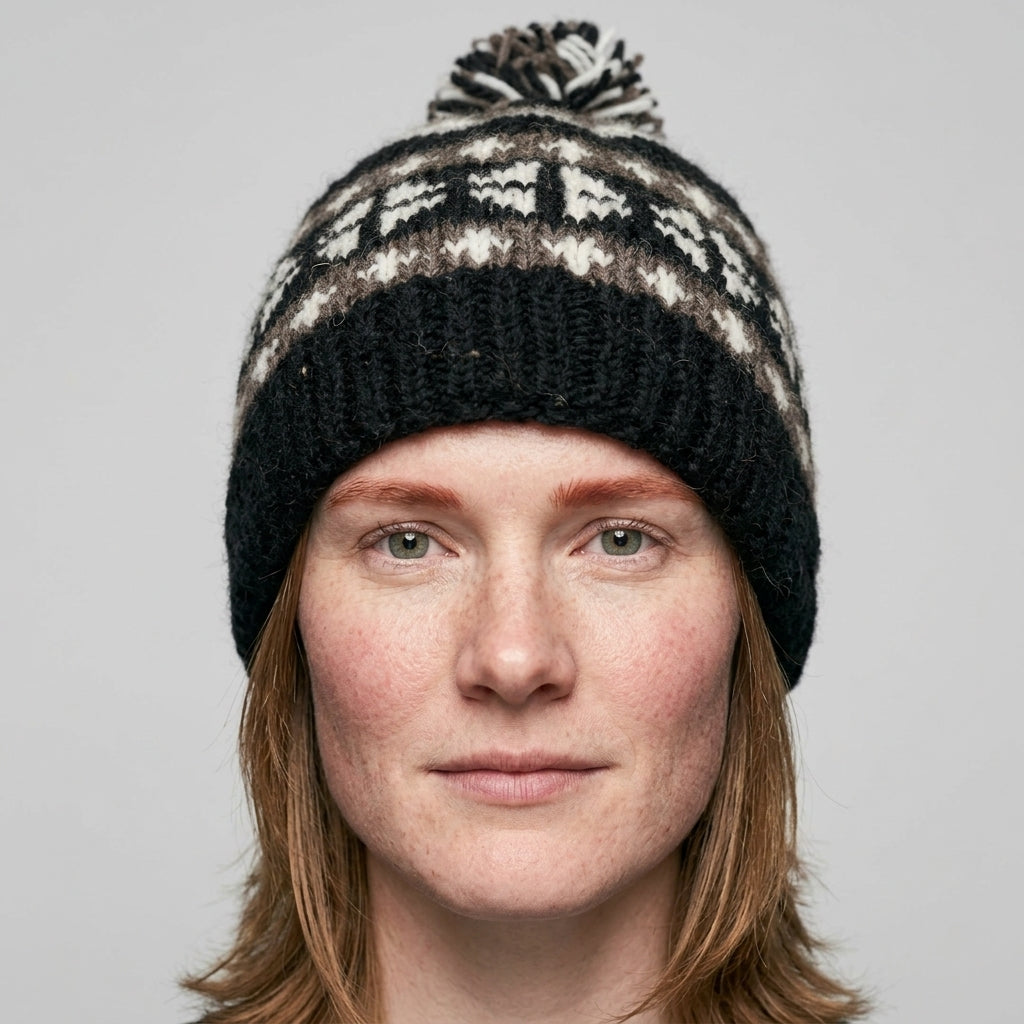 Knit pom-pom beanie — On Model - Close-up Detail | Generated by Modelize