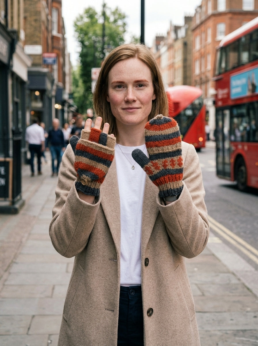 Artisan knit glittens — On Model - Street Style | Generated by Modelize