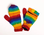 A pair of hand-knitted rainbow-striped fingerless gloves on a plain white background.