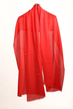 Red scarf draped over a wooden hanger on a white background